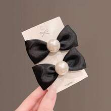 2 件裝紅色蝴蝶結髮夾,帶有珍珠裝飾,適合女嬰、公主髮飾 - 黑色 - 查看 2