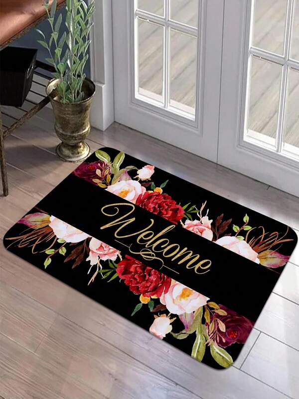 حصيرة مدخل مطبوعة بنمط زهرة وحرف، حرير فيلفت لين وغير قابل للانزلاق، ممتصة ومناسبة للاستخدام في غرفة المعيشة وديكور الغرفة، قطعة واحدة