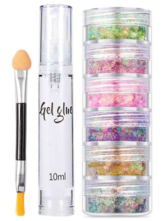 3 件套仙女眼部闪光凝胶套装（6 层闪光凝胶 + 凝胶胶 + 刷子）适用于身体、面部、头发化妆。非常适合派对、节日、狂欢和角色扮演。