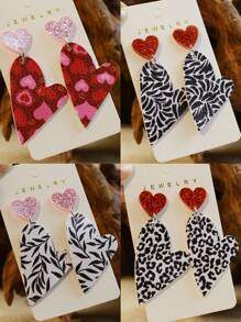 1pair Valentine'S Day Asymmetric Gridded Heart Design Leather Double-Sided Printed Soft Earrings, Leopard & Minimalist Black-White Style For Women - acrylic earrings - View 10