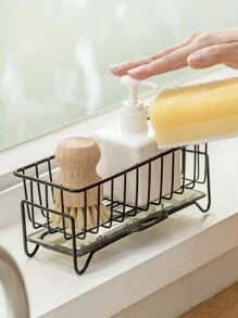 1 件廚房水槽收納盒,帶瀝水盤的海綿架,304 不銹鋼,適用於海綿、肥皂、廚房、浴室,銀色 - 黑色 - 查看 1