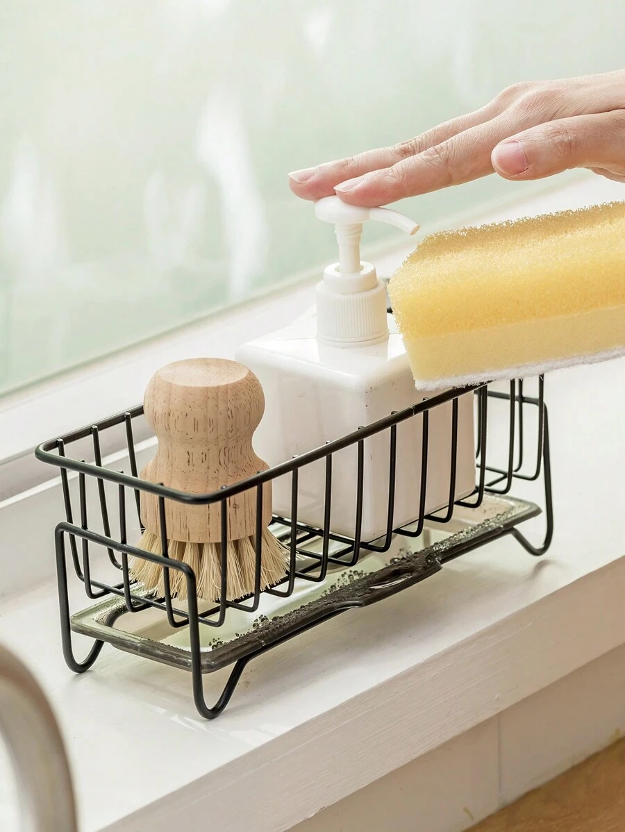 1 件廚房水槽收納盒,帶瀝水盤的海綿架,304 不銹鋼,適用於海綿、肥皂、廚房、浴室,銀色 - 黑色 - 查看 1