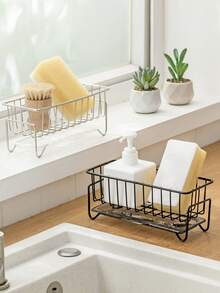 1 件廚房水槽收納盒,帶瀝水盤的海綿架,304 不銹鋼,適用於海綿、肥皂、廚房、浴室,銀色 - 黑色 - 查看 4