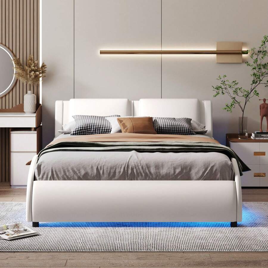 Nestfair Full Size Upholstered Faux Leather Platform Bed With LED Light Bed Frame - White - View 1