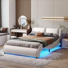 Nestfair Full Size Upholstered Faux Leather Platform Bed With LED Light Bed Frame - White - View 2