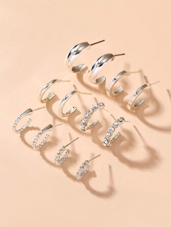 6雙歐美復古風格合金打開C設計質感紋理和水鑽裝飾圓耳環適用於日常穿著