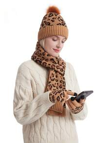 1pair Fashionable Leopard Print Women's Winter Knit Gloves, Warm And Comfortable, Touch Screen Compatible, Suitable For Outdoor Sports, Cycling, Skiing In Winter, Good As Gifts For Christmas, Halloween - Brown - View 6
