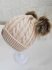 1頂多色針織帽冬季兒童帽子配毛球,保暖防寒 - 米色 - 查看 5