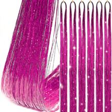 1 Pc Sparkle Shiny Hair Tinsel Hair Extensions Dazzles Women Hippie For Braiding Headdress Hair Braiding Tools Long 90cm/120cm - Hot Pink - View 5