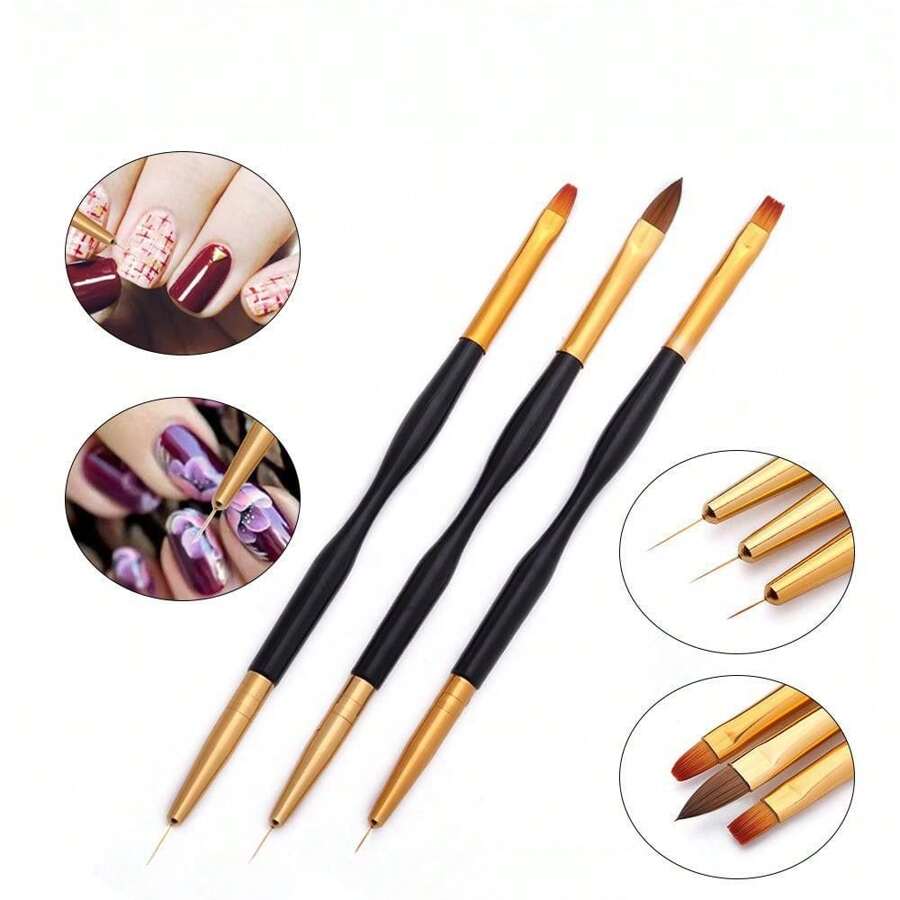 3 件套美甲刷套裝,雙頭美甲筆刷壓克力圓形平面繪畫繪圖襯墊美甲工俱生成器指甲凝膠刷,美甲襯墊刷沙龍在家 Diy 美甲 - 黑色 - 查看 1