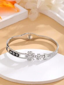 1入聖誕情人節家庭禮物跨境垂墜形黑花&白泥&腐蝕圖案鑲嵌水鑽裝飾彈性銀手鍊 - 銀色 - 查看 3