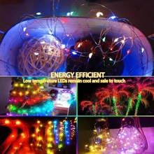 BASIC LIVING 50/100/200 LED 5/10/20M 串灯，USB 供电遥控闪烁串灯，用于卧室、花园、派对、婚礼童话灯、庭院树、婚礼派对铜线灯圣诞装饰圣诞礼物感恩节圣诞树装饰饰品圣诞灯床派对装饰节日圣诞装饰 - 彩色 - 查看 3