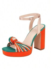 Elegant Platform Sandals For Women Summer Orange Sandals Twist Front Chunky Heels Open Toe Sandals Ankle Strap Heels Detail Prom Heels Zapatos De Mujer Elegantes - 橘色 - 查看 9