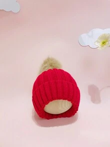 1頂男女兒童編織毛帽帶毛球,溫暖簡約,紅色 - 紅色 - 查看 5