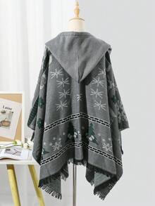 1 件裝女士鹿和雪花印花聖誕風格溫暖斗篷,非常適合冬季攝影氛圍 - 灰色 - 查看 7