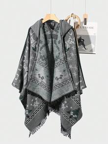 1 件裝女士鹿和雪花印花聖誕風格溫暖斗篷,非常適合冬季攝影氛圍 - 灰色 - 查看 8