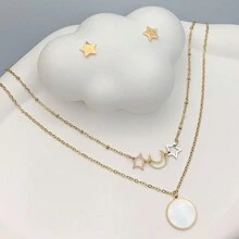 3pcs/Set Women'S Bohemian Style Stainless Steel Double Layered Necklace And Earrings With Three Colors Star & Moon Design, Ideal For Birthday, Christmas, New Year, Festival, Teacher & Family Gifts, Dance Party, Beach Vacation Outfits - Yellow Gold - View 5