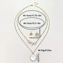 3pcs/Set Women'S Bohemian Style Stainless Steel Double Layered Necklace And Earrings With Three Colors Star & Moon Design, Ideal For Birthday, Christmas, New Year, Festival, Teacher & Family Gifts, Dance Party, Beach Vacation Outfits - Yellow Gold - View 4