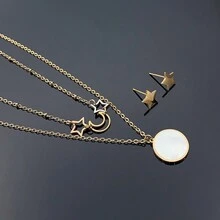 3pcs/Set Women'S Bohemian Style Stainless Steel Double Layered Necklace And Earrings With Three Colors Star & Moon Design, Ideal For Birthday, Christmas, New Year, Festival, Teacher & Family Gifts, Dance Party, Beach Vacation Outfits - Yellow Gold - View 2