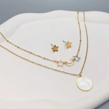 3pcs/Set Women'S Bohemian Style Stainless Steel Double Layered Necklace And Earrings With Three Colors Star & Moon Design, Ideal For Birthday, Christmas, New Year, Festival, Teacher & Family Gifts, Dance Party, Beach Vacation Outfits - Yellow Gold - View 3