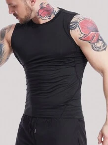 男士運動背心,健身運動無袖t恤,健身肌肉衫,健身衣服,男士基礎t恤 - 黑色 - 查看 1