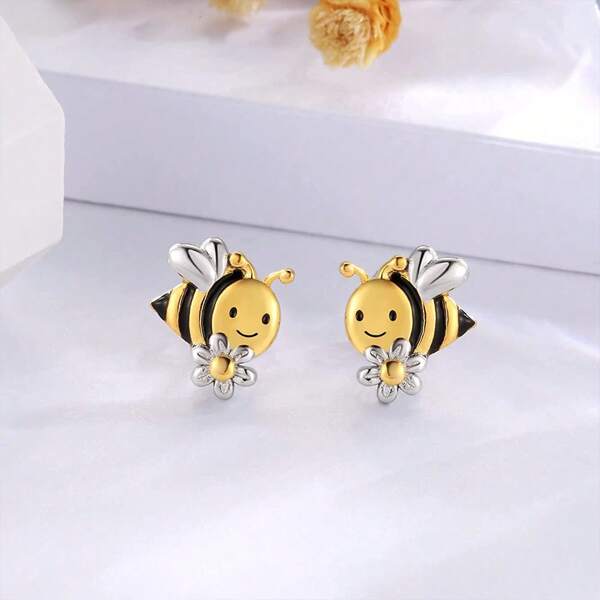 أقراط دبوسية ظريفة مع رسم كرتوني لنحلة وبابونج ، هدية للنساء والفتيات , عيد ميلاد أو عيد الميلاد