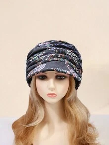 1頂女式復古印花絨布貝雷帽,經典摺邊,保暖輕盈,配搭靈活柔軟鴨舌帽 - 黑色樹葉 - 查看 2