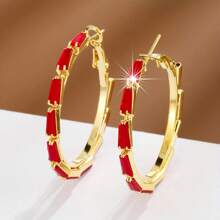 1pair Luxury Rhinestone Encrusted C-Shaped Hoop Earrings, Colorful Zirconia Daily Wear Jewelry Gift For Wife/Best Friend - Multicolor - View 4