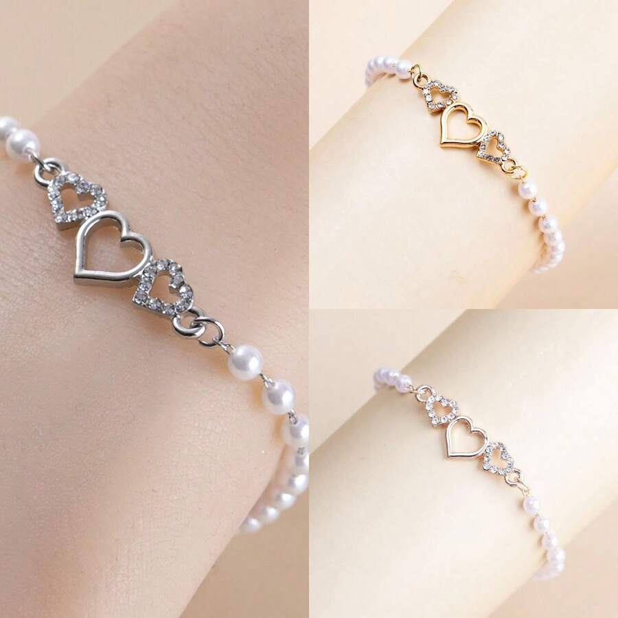 1條甜美风格金属心形珠子手链女款,時尚休閒配件 - 愛心珍珠手鍊 - 查看 1