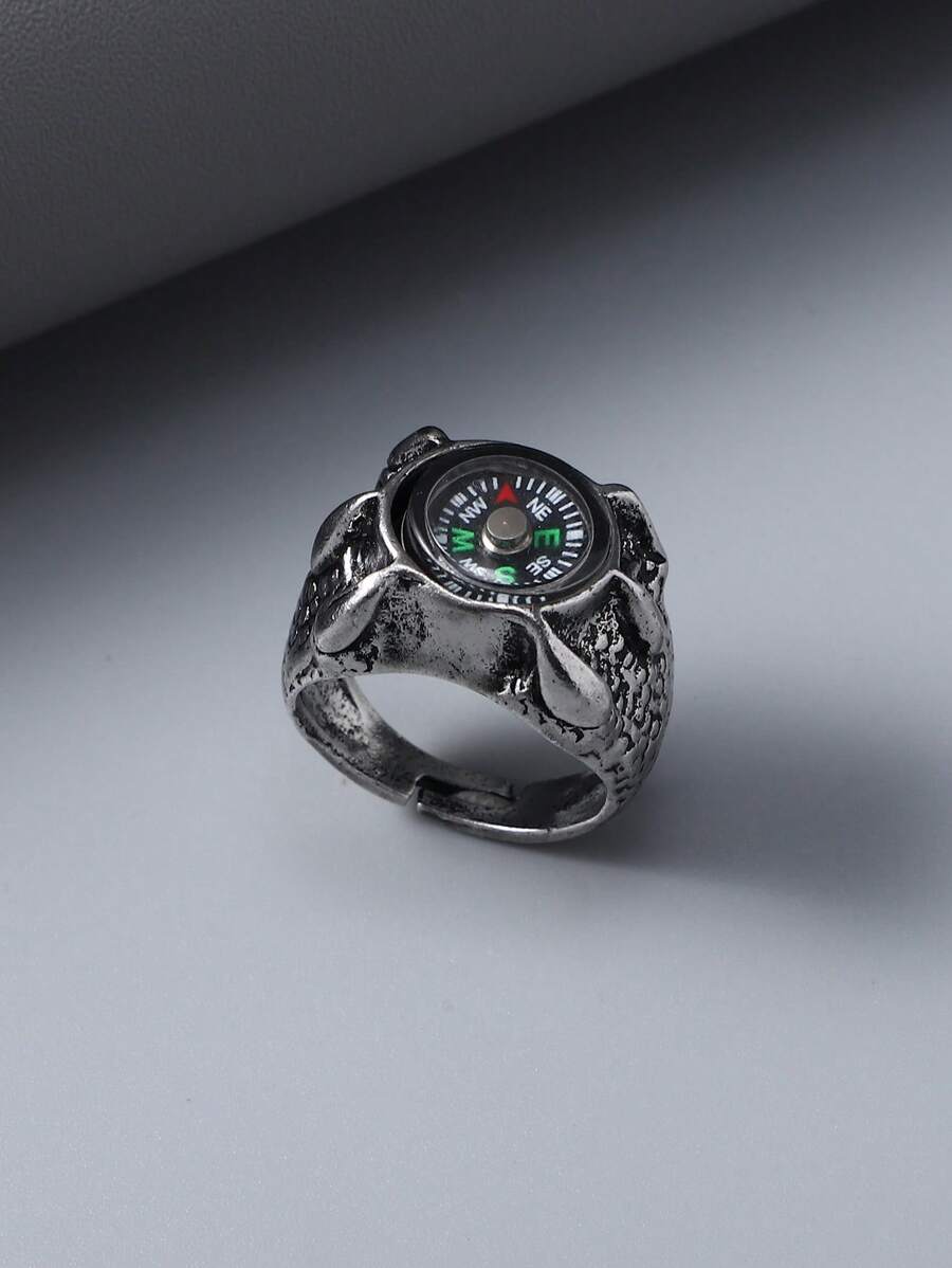1枚创意合金开口戒指，指南针设计，男士休闲骑行风格个性化戒指 - 彩色 - 查看 1