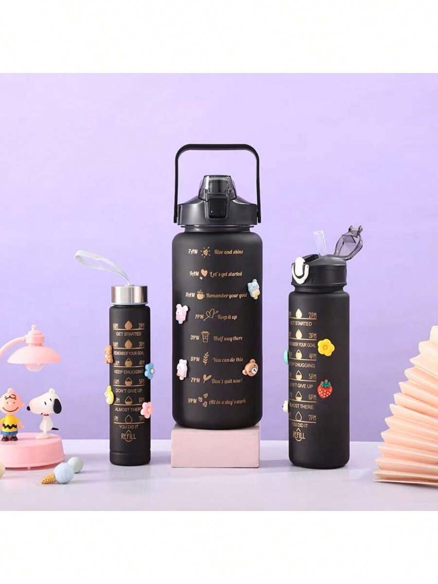 Vaso Motivacional Trio Gym 3 Piezas 2 Litros, 900ml y 300ml Libre de BPA Antifugas Botella para Gym Café Original - Negro - Ver 1