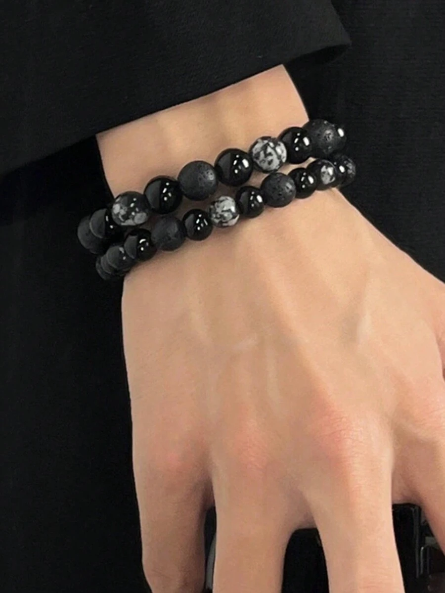 時尚復古黑曜石火山岩珠手鍊,男女皆可配戴,簡約優雅款式。男友完美禮物。 - 黑曜石串珠手鍊 - 查看 1