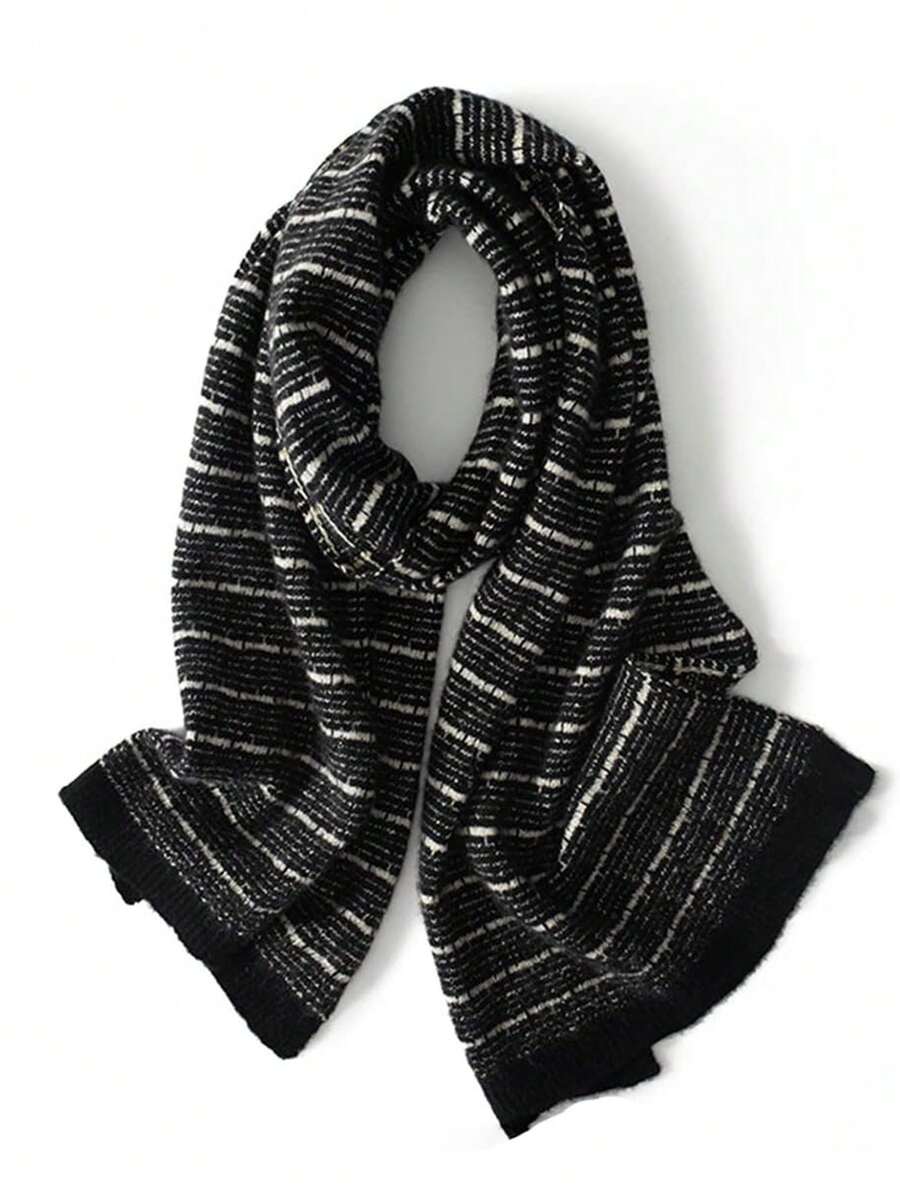 1入女士黑白條紋針織圍巾,適用於秋冬季節,保暖簡約時尚,適合日常穿著,情侶禮物 - 黑與白 - 查看 1