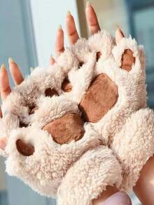 1 雙超可愛小貓爪手套 - 毛絨保暖 - 完美的聖誕禮物 - 米色 - 查看 1
