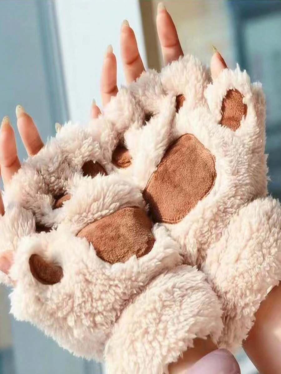1 雙超可愛小貓爪手套 - 毛絨保暖 - 完美的聖誕禮物 - 米色 - 查看 1