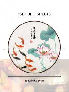 1 Set Of 2 Chinese Style Warm Home Decoration Frameless Painting Self-Adhesive Moisture-Proof Ink Lotus Pattern Living Room Bedroom Wall Stickers,23.62x23.62inches - Multicolor - View 4