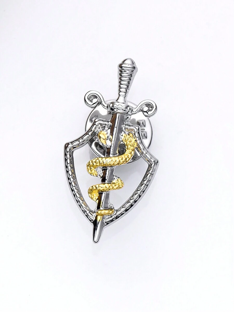 1個新的盾牌和劍醫學徽章,時尚精美的鍍銀胸針,掛繩袖釘外套徽章醫生護士醫務人員珠寶,兩種顏色 - 彩色 - 查看 1