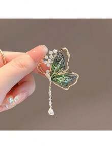 時尚高端綠色胸針,半透明昆蟲和流蘇蝴蝶細節裝飾 - 杏色 - 查看 2