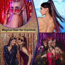 1 Pc Sparkle Shiny Hair Tinsel Hair Extensions Dazzles Women Hippie For Braiding Headdress Hair Braiding Tools Long 90cm/120cm - Hot Pink - View 7