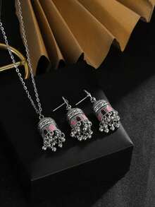 1set Fashionable Colorful Tassel Necklace And Earrings Set With Bell And Oil Drip Design, Suitable For Women's Daily Wear - Pink - View 1