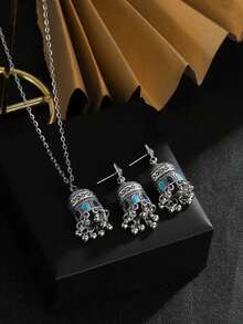 1set Fashionable Colorful Tassel Necklace And Earrings Set With Bell And Oil Drip Design, Suitable For Women's Daily Wear - Pink - View 7