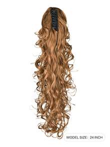 耐热纤维合成爪夹波浪形松散卷曲合成马尾辫接发 24 英寸 210 克马尾假发带发夹接发时尚派对圣诞新年女士礼物、时尚 Y2k、冬季圣诞装饰 - 棕色 - 查看 2