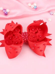 1入組女童時尚紅色蝴蝶結髮夾,珍珠細節,鱷魚夾 - 紅色 - 查看 1