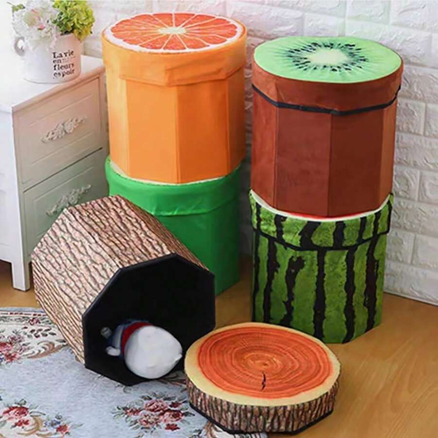 Faux Plant Print Storage Ottoman, With Foldable Velvet Storage Stool For Sitting Or Storing Various Kinds Of Items, Octagon Shaped - Brown - View 1