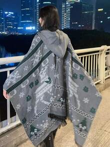 1 件裝女士鹿和雪花印花聖誕風格溫暖斗篷,非常適合冬季攝影氛圍 - 灰色 - 查看 3