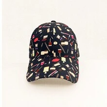 1頂女士聚酯纖維彩色化妝品印花可調節休閒棒球帽,四季皆宜 - 黑色 - 查看 2