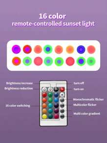 1pc Rgb Sunset Lamp 16-Color Remote Control Atmosphere Light Led Projection Rainbow Light For Live Streaming Mood Lighting - màu đen - Xem 3