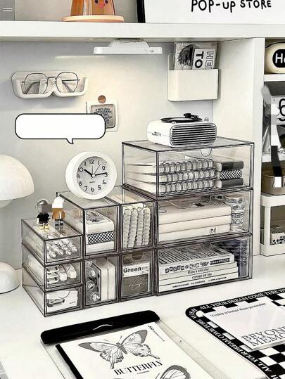 1入精美透明膠板桌面多功能筆筒收納盒，多種尺寸選擇，可堆疊防塵抽屜式容器，可存放文具、化妝品、珠寶等，適合學生和辦公室職員使用