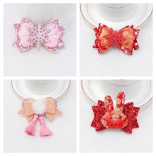 1入風女孩紅色髮夾,3英寸洋蔥粉色雪花兔子刺繡裝飾的髮夾,帶閃亮元素,適用於節日和日常佩戴 - 紅色 - 查看 1