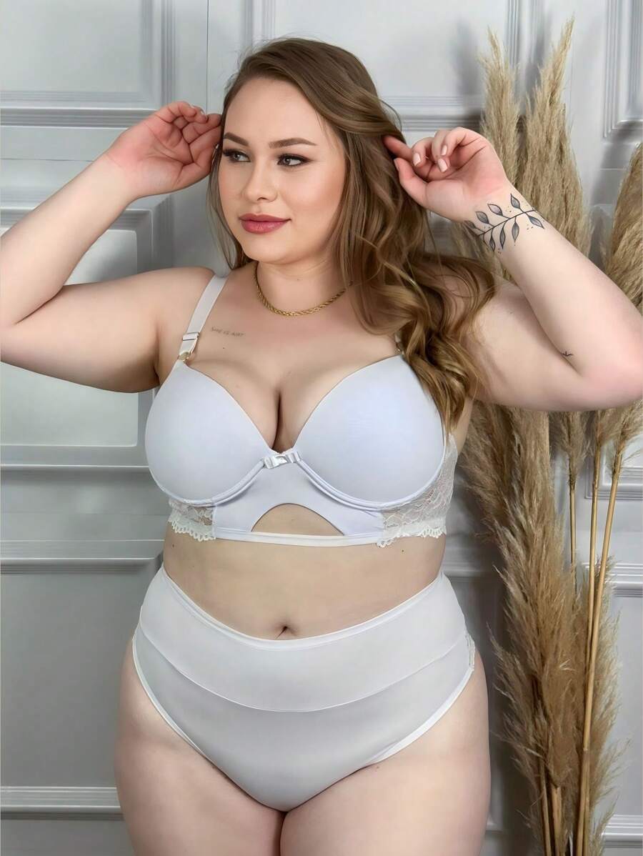 Plus Size Bra & Panty Sets - White - View 1